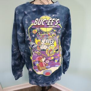 Buc-ees Sweatshirt large Pinball Arcade Retro Beaver Nuggets Texas Blue Tie-Dye
